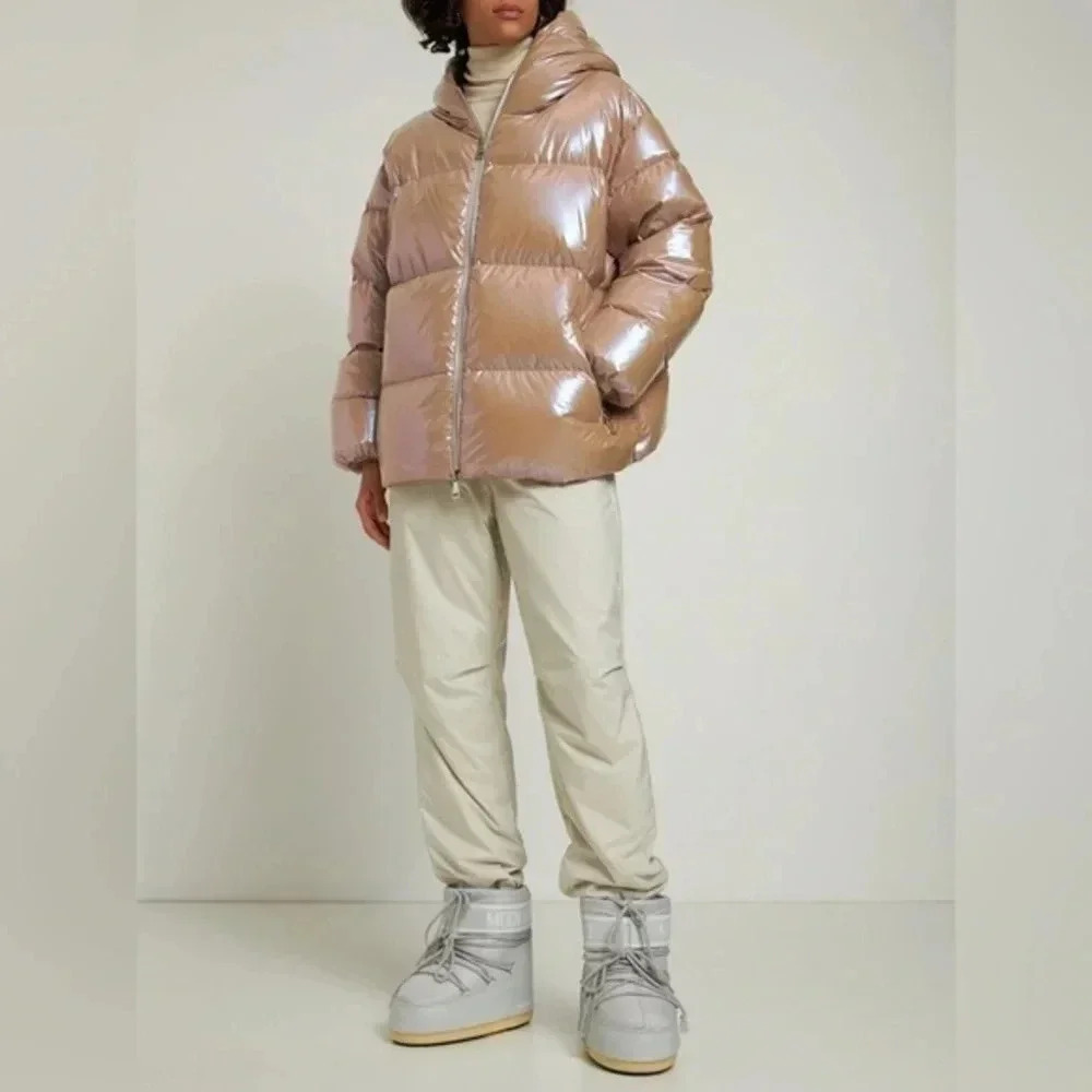 MONCLER Frasne Iridescent Holographic Baby Pink Hooded Down Jacket, Size 5